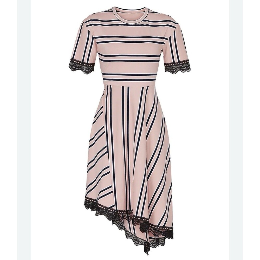 Koche Asymmetrical Dress Black and Pink Stripes Lace Hem  Size 36 Fit S